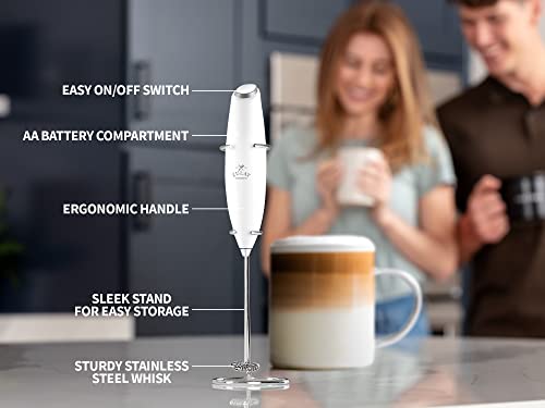 Image of Zulay Premium Gift Milk Frother Set - Handheld Coffee Frother with Stand, 12oz /350ml Frothing Pitcher + 4 Latte Art Stencils - 13,000 RPM Motor, SS Whisk, Battery Operated - Barista Kit (White)