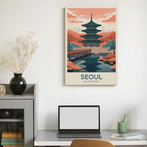 Poster voyage Séoul vintage 50x75 cm : grande affiche paysage coréen pour déco murale salon