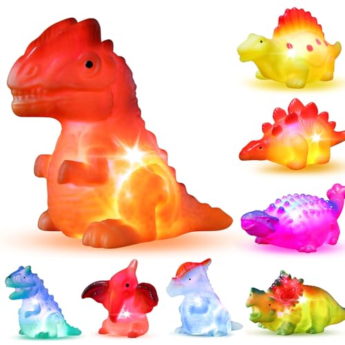 Image of 8 Pack Light up No Hole Dinosaur Bath Toy Set, Flashing Color Changing Light in Water, Floating Dino Bathtub Bathroom tub Pool Toy for Baby Infant Kid Toddler Child Boy Girl Preschool in Christmas