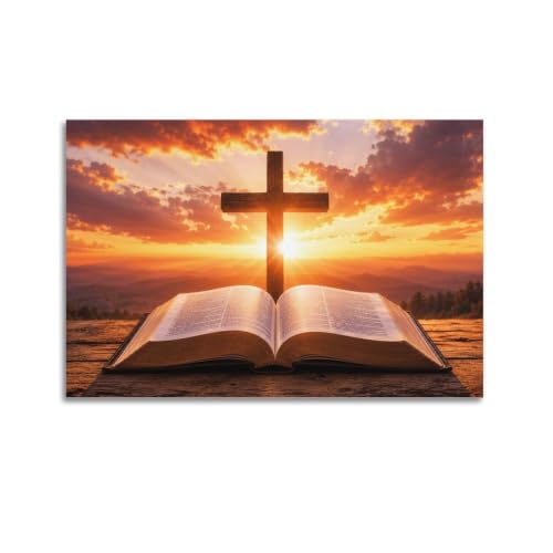 Bible And Cross Wall Art Canvas Print Poster, Open Scripture with Golden Mountain Sunset And Radiant Sky for Living Room, Study, Prayer Space Or Office Decor 24x36inch