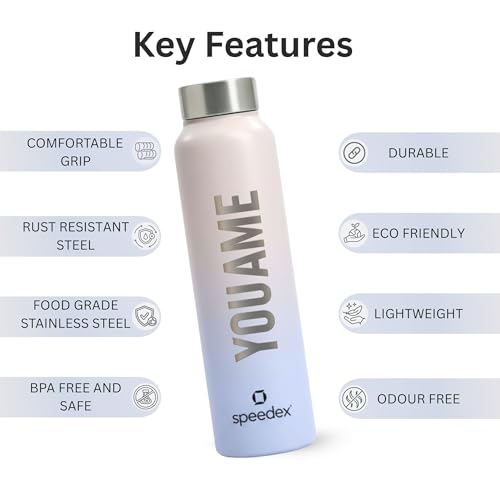 Image of Speedex Customised Engraved Name Stainless Steel Water Bottle 1 Ltr - Personalised Screw Cap Bottle for Kids, Men & Women, School, Office, Gym, Pink Blue, Set of 1