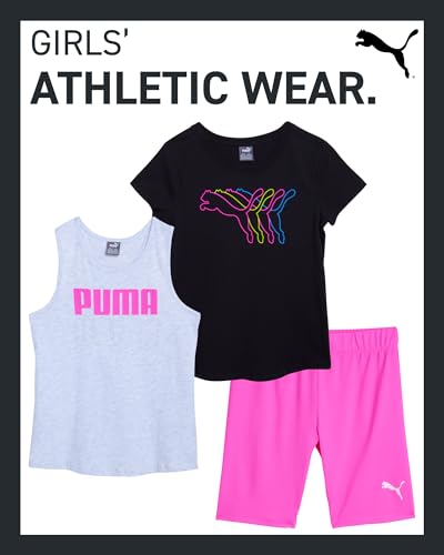 Image of PUMA Girls' Active Shorts Set - 3 Piece Performance T-Shirt, Tank Top, Bike Shorts - Summer Athletic Outfit for Girls (7-14)