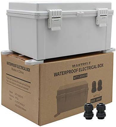 MAKERELE Grey Outdoor Electrical Box Weatherproof Hinged Cover Plastic Clip 11.8"7.8"6.3" (300200160mm) Plastic Junction Wire Case with Lock for Outdoor Electrical Projects with 2 NPT 1/2 Glands
