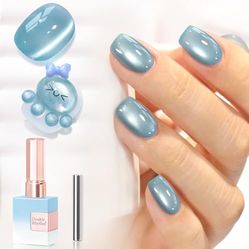 Double Rhythm Jelly Glass Cat Eye Gel Polish with Magnet 15ML Holographic Glitter Shimmer Translucent Sheer Color Magnetic Nail Polish Salon DIY at Home (Mist Blue-MC1222)
