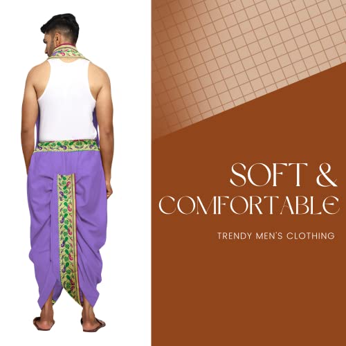 Image of Rameshwaram Fabrics Readymade Dhoti for Men, Velcro Style Stitched Mens Silk Dhoti Pant with Stole Set