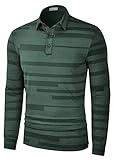 LE VONFORT Mens Performance Striped Long Sleeve Golf Polo Shirts Quick Dry Athletic Collared Shirt Green Medium