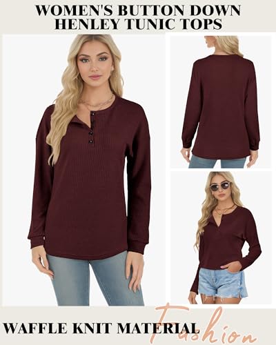 Image of AURUZA Long Sleeve Shirts for Women Henley Shirts Waffle Knit Tops Casual Loose V Neck Tunic Tops Fall Outfits Waffle TShirt