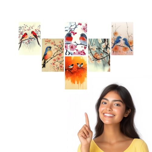 Image of SiddArtify Bird Wall Art Poster Print Set - Watercolor Bird and Blossom Prints for Living Room Bedroom Decor - Set of 2-4x6 Inch - Board (Pack of 6) - Sticker (Pack of 6)