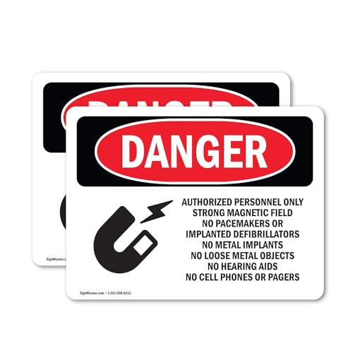 (2 Pack) Strong Magnetic Field No Pacemakers OSHA Danger Sign 7 Inch X 5 Inch Vinyl Label Decal Sticker Weather Resistant, UV Protected for Workplace, Business, and Construction Site, Made in the USA