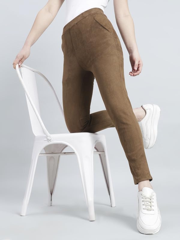 Image of GO COLORS Women Solid Mid Rise Suede Treggings