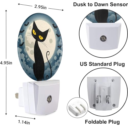 Image of Plug in Fantasy Funny Cat Night Light Full Moon Bats Black Cat Fun Animal Plug-in Nightlight Auto On /Off Dusk to Dawn for Bedroom Bathroom Staircase Home Decor, LEDLAMP3013