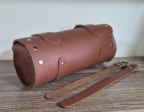 Bolsa frontal para horquilla y guardabarros para motocicletas y bicicletas en cuero de búfalo marrón con correas de cuero real miniatura 3