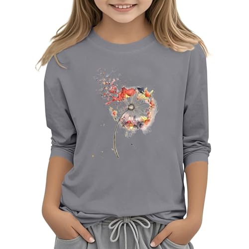 Mädchen Shirt langärmlig Rundhals Oberteile Kleinkind auffälliges Muster Grafik T-Shirt Casual lässige Passform traditioneller Pullover mit Blumen Print modisches Kindershirt (Grey, 10-11Years)