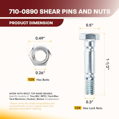 10 Pcs 710-0890 Shear Pins and Nuts by Canamax - for MTD Craftsman Troy-Bilt Two-Stage Snowblowers Snow Thrower - Replaces 710-0890A 910-0890 910-0890A (1-1/2" x 5/16") by Canamax - Used condition - Image 2