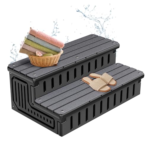 Marudina Hot Tub Steps with Storage – Heavy Duty HDPE Outdoor Stairs, Non-Slip &Waterproof Step Stool with Removable Fabric Cover, All-Weather Steps for Spa, Pool, RV & Porch
