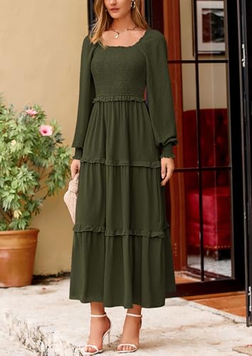 PRETTYGARDEN Fall Dresses for Women 2025 Long Sleeve Smocked Square Neck Swiss Dot Tiered Flowy Wedding Guest Maxi Dress