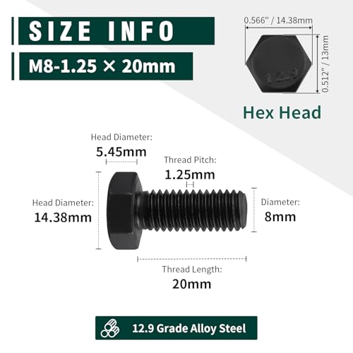Image of M8-1.25 x 20mm Hex Bolts, 12.9 Grade Alloy Steel, Black Oxide Finish, Full Thread, Coarse Thread UNC, Hexagon Head Bolts 20 PCS