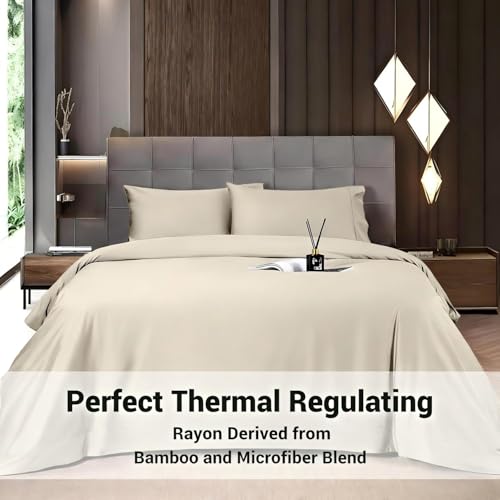 Image of Shilucheng 4 Piece King Sheet Sets, Cooling Sheets, Blend Rayon Derived from Bamboo, Deep Pocket Up to 16 inch, Breathable & Soft Bed Sheets, Hotel Silky Bedding Set, Sand