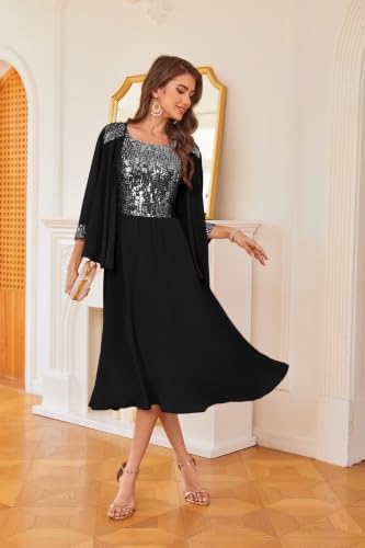 Image of GRACE KARIN Formal Wedding Guest Dress Sequin Mother of The Bride Dresses | Two Piece,3 /4 Sleeve,Tea Length,Crew Neck,Fit and Flare,Chiffon,Suitable for Spring /Summer /Fall /Winter /Cocktail /Party /Prom