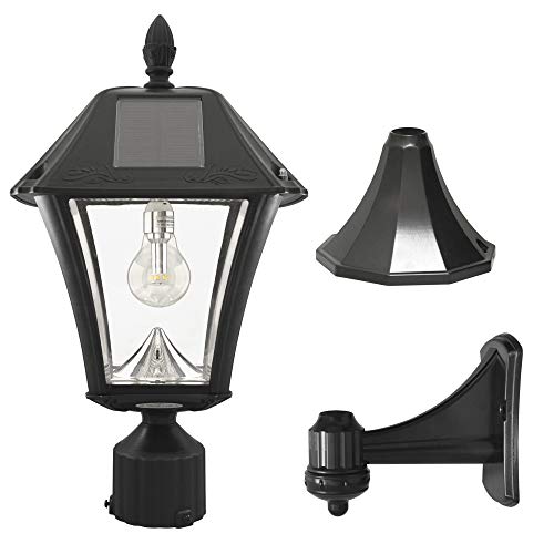 Gama Sonic Baytown II Bulb Black Solar Outdoor Post Light, 1-Light with 3 Mounting Options, 3in. Fitter for Lamp Posts, Flat Mount for Column and Wall Sconce Mount, Resin (105B033) by Gama Sonic - Used condition - US$73.05