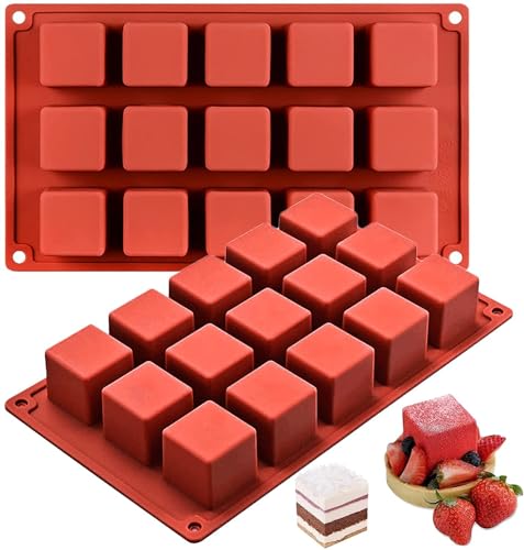 Image of 15 Cavity /Slot Square 3D Cube Silicone Cake Mold, Chocolate Mold Mousse Cupcakes Baking Tool Molds for Dessert Cheesecake Truffle Caramels Jelly Brownie Soap Icecream Popsicle Mould.