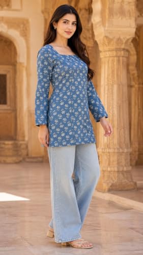 Image of Women's Floral Printed Cotton Kurti Summer Cotton Tunic Top for Girls