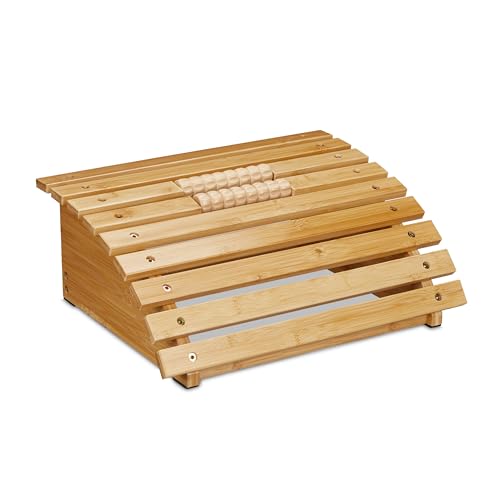 Relaxdays Fußstütze Schreibtisch, Fußablage mit Rollen, ergonomischer Fußhocker, Massage & Entspannung, Bambus, Natur