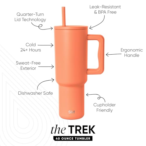 Image of Simple Modern 40 oz Trek Tumbler with Handle and Straw Lid | Cup Holder Friendly Insulated Stainless Steel Travel Mug | Clementine