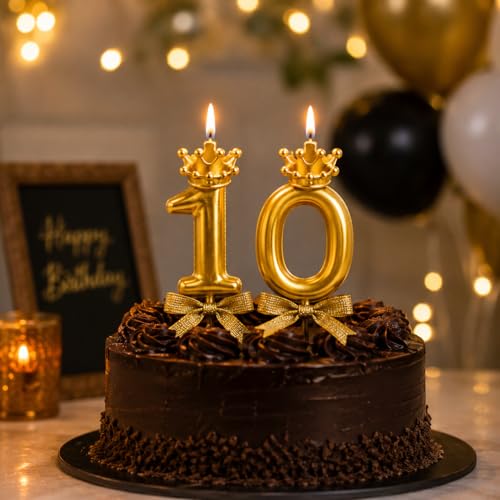 Image of Number Candles with Crown 3 inch for Birthday Parties, Wedding, Engagement, Celebrations, Theme Party, Bridal Shower, Bachelorette, Bachelors Decoration Gold (Numerical No 10)
