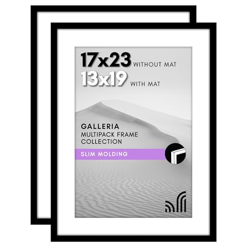 Americanflat 17x23 Picture Frame with Polished Plexiglass - Set of 2 - Use as 13x19 Frame with Mat or Display 17x23 Photo Without Mat - Galleria Collection - Picture Frames for Wall Display - Black