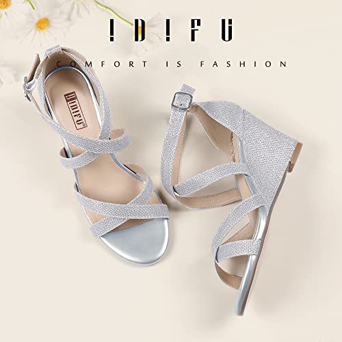 Idifu Women's 3 Inch Strappy Wedge Sandals For Women Open Toe Wedges Shoes For Women Dress Sandals For Women For Wedding Bridal Evening Prom (Silver Glitter, 8.5 M Us) #TOP2