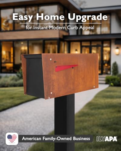 Image of Ilyapa Modern Mailbox for Post Mount - Corten Steel Rusted Finish with Black Door Powder Coated Steel, with Recessed Magnetic Close Door