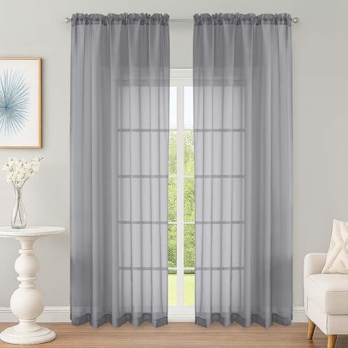 Image of OWENIE Grey Sheer Curtain 90 Inches Long 2 Panels Set, Solid Filmy Drapes for Living Room Bedroom, Elegant Window Voile Sheer Curtain Panels Drapes, 2 Pcs, Each 59 inch Wx90 L Inch