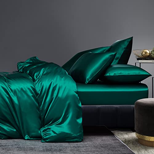 Gezu Housse de Couette 220x240cm Satin Vert Foncé Unie Parure de Lit Soie Lisse Soyeux Brillant Doux Sets de Housse de...