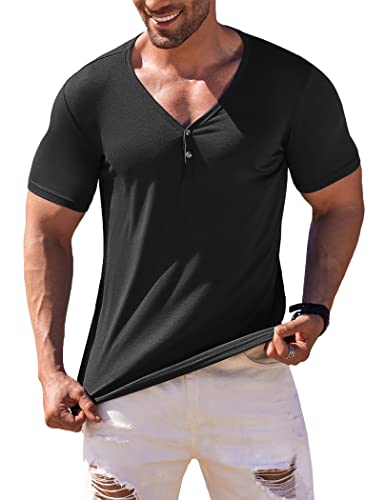 Coofandy Men's Muscle Shirts Slim Fit V-Neck T-Shirt Fashion Classic Casual Henley Black #TOP12