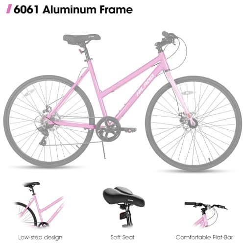 HILAND 700C Road Hybrid Bike, 7 speeds Bikes Urban City Commuter Bicycle with Disc Brake for Men Women Adult Comfortable Bicycle Pink by HH HILAND - Image 2