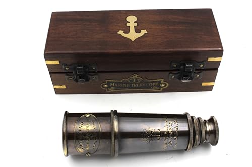 1920 Ship Captain's Working Telescope with Wooden Box | Brass Made Spyglass | Glass Optics & Hi-Magnification | Pirate's Instrument | Brass Maritime Vintage Telescope,