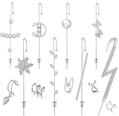13 Pcs Ear Wrap Crawler Hook Earrings Sparking Cubic Zirconia Earcuffs Gold Siver Climber Piercing Ear Cartilage Earrings for Women Girls (Sliver)