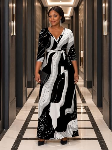 Image of PinkPatty Plus Size Maxi Dress for Women Casual V Neck 3 /4 Sleeve Boho Printed Long Dress with Pockets
