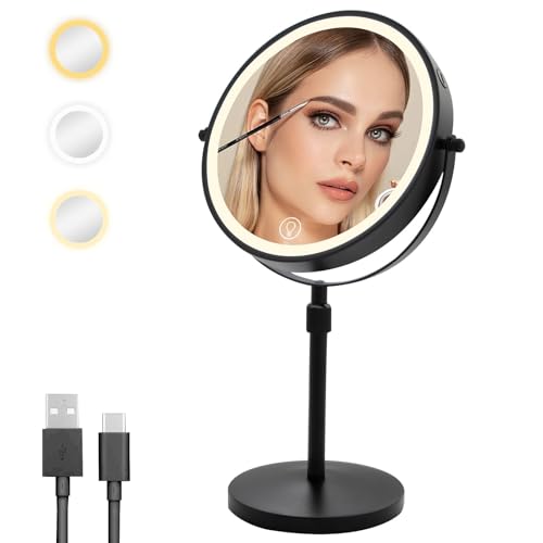 Cuteefun Espejo Maquillaje con Luz, Espejo Aumento 10X Sobre Soporte, Altura y Brillo Ajustables, Rotación de 360°, Luz LED de 3 Colores, Recargable por USB, Ideal para Dormitorio, Tocador, Negro