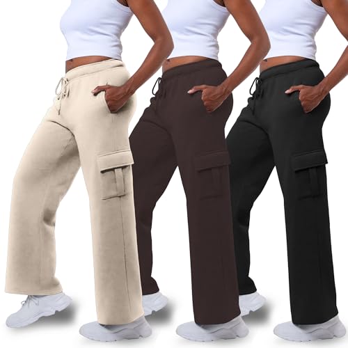3 Pack Sweatpants Women, Wide Leg Cargo Womens Sweatpants, Wide Leg Pants with Pockets (Available in Plus)