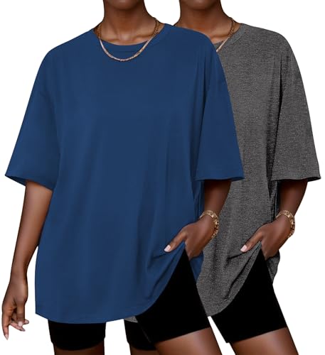 Image of Ekouaer 2 Pack Womens Tops Short Sleeve Oversized T Shirts Summer Spring Tops 2025 Basic Casual Tee Top S-XXL