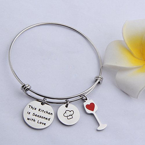 Feelmem Chef Gift Cooking Bracelet This Kitchen Is Seasoned With Love Expandable Bangle With Chef Hat Red Wine Glass Charms Cooking Lovers Gifts (Silver) #TOP4