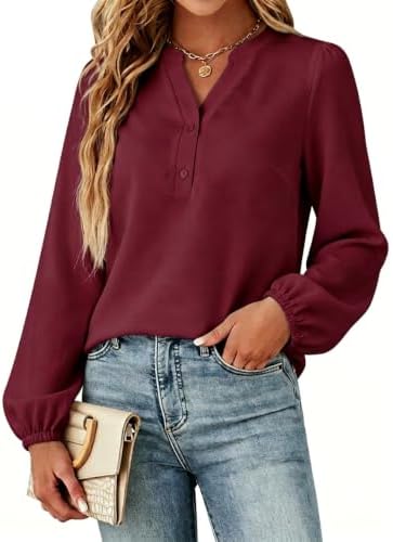 Chicrise Langarmshirt Damen Basic Puffärmel V-Ausschnitt Chiffon Elegant | Bluse,Herbst,Business,Modern,Casual,Schick,Knopfleiste,Leicht Und Luftig,Knopf,Dünn,Atmungsaktives,Outfit