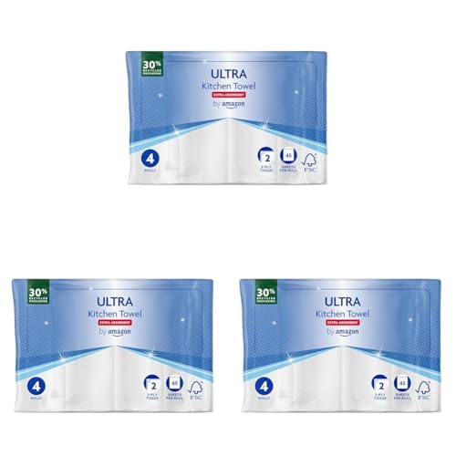 by Amazon ULTRA Küchenrolle, Extra Saugfähig, 12 Rollen (3 Packungen à 4 Rollenk), 45 Blätter pro Rolle, Auswringen und Wiederverwenden, FSC-zertifiziert