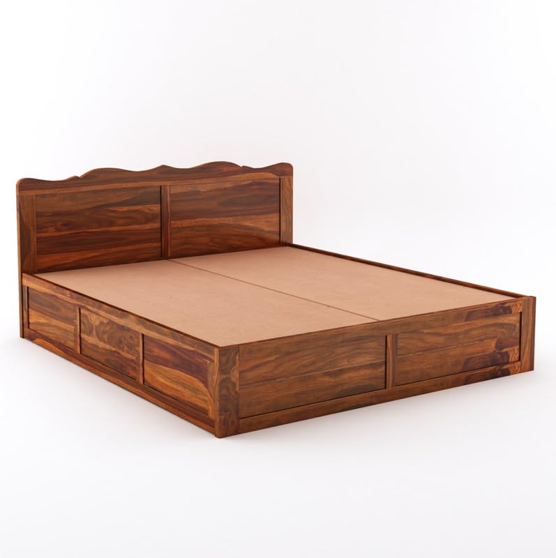 Image of Wooden King Size Bed with Storage | Double Bed Cot Bed with Box Storage for Bedroom & Hotel | Sheesham Wood, Honey, Recommended Mattress Size: 78 X 72