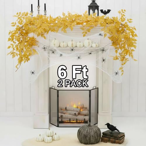 Image of Neutral Fall Garland for Mantle Fireplace - 2 Pack 6Ft Plum Cimicifuga Seeded Leaf Garlands Yellow Autumn Decor Table Decorations for Home Indoor Door Halloween Realistic Leaves Garlands Outdoor