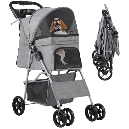 YITAHOME Hundewagen Haustiere Buggy bis 15kg, Hundebuggy mit Netzfenstern & Getränkehalter & Ablagekorb, Katzenbuggy für Hunde Katzen (Grau)
