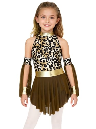Rswnyirn Enfant Fille Costume Grotte Préhistorique Robe Métallisé Léopard sans Manches avec Manchettes Costume Cosplay Prehistoire Carnaval Dak Brown 11-12...