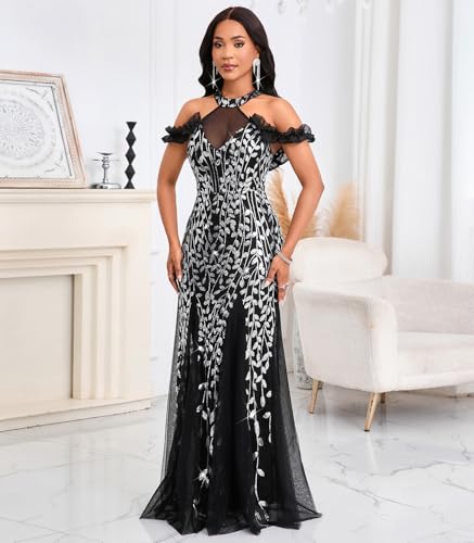 Image of Cololura Women Sexy Sequin Halter Neck Short Sleeve Mesh Perspective Party Bodycon Evening Cocktail Maxi Dress